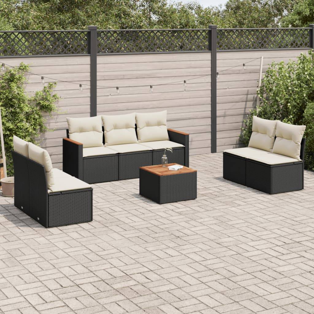 Sofasæt Til Haven 7 Dele Med Hynder Polyrattan - Sort og cremefarvet / Med bord