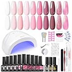 UR SUGAR UV nagellackset med UV-lampa 48 W, gel nagellack startset nagellack startset med bas och toppmatta coat ros glitter gelnaglar gellack naglar nagelstudio set