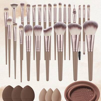 Professionellt ansiktsmakeupborstset med puderborste, konturborste, rougeborste, foundationborste, ögonskuggeborste och concealerborste, tillverkad av - Kaffebrun
