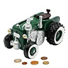 Dekohelden24 Sparbössa som traktor av poly – sparbil – sparbössa i grönt med gummilås, storlek L/B/H: ca 16 x 11 x 11 cm