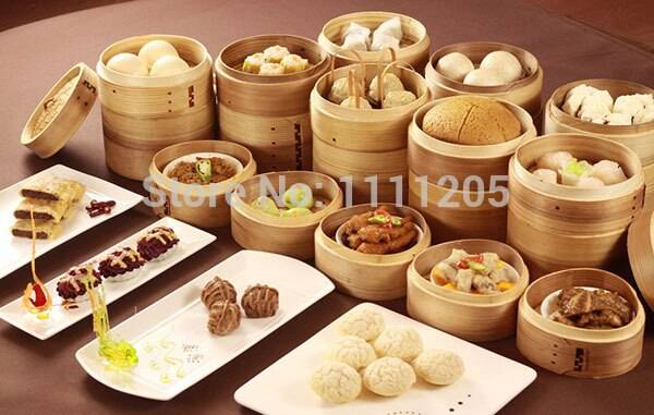 Bambu ångkorg 2 nivåer 7 tum gestoomde dumplings ris dim sum grönsak ånga koka grytverktyg vaporera bambu cuit vapeur