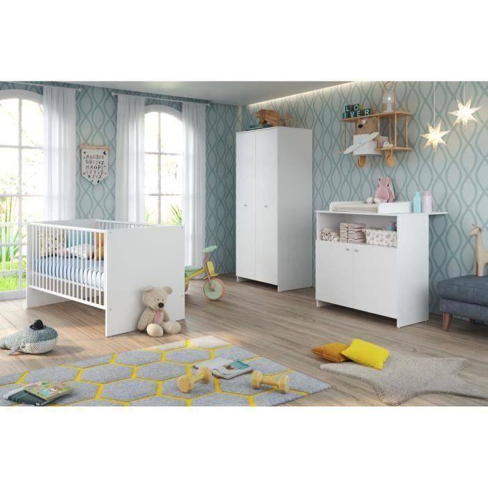 Chambre bébé Trio : Lit 70 x 140 cm + Commode à langer + Armoire NIKO - Blanc - TREND TEAM vit