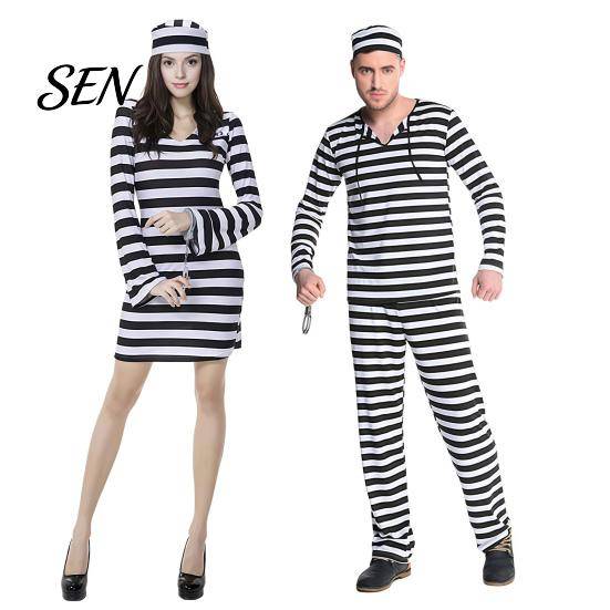 Fängelsedlar Fångdräkt för Vuxna, Dam Randig Miniklänning, Herr Överdel Byxor Byxor, Halloween Utklädnad Fängelseintagen Uniform med Hatt & cm