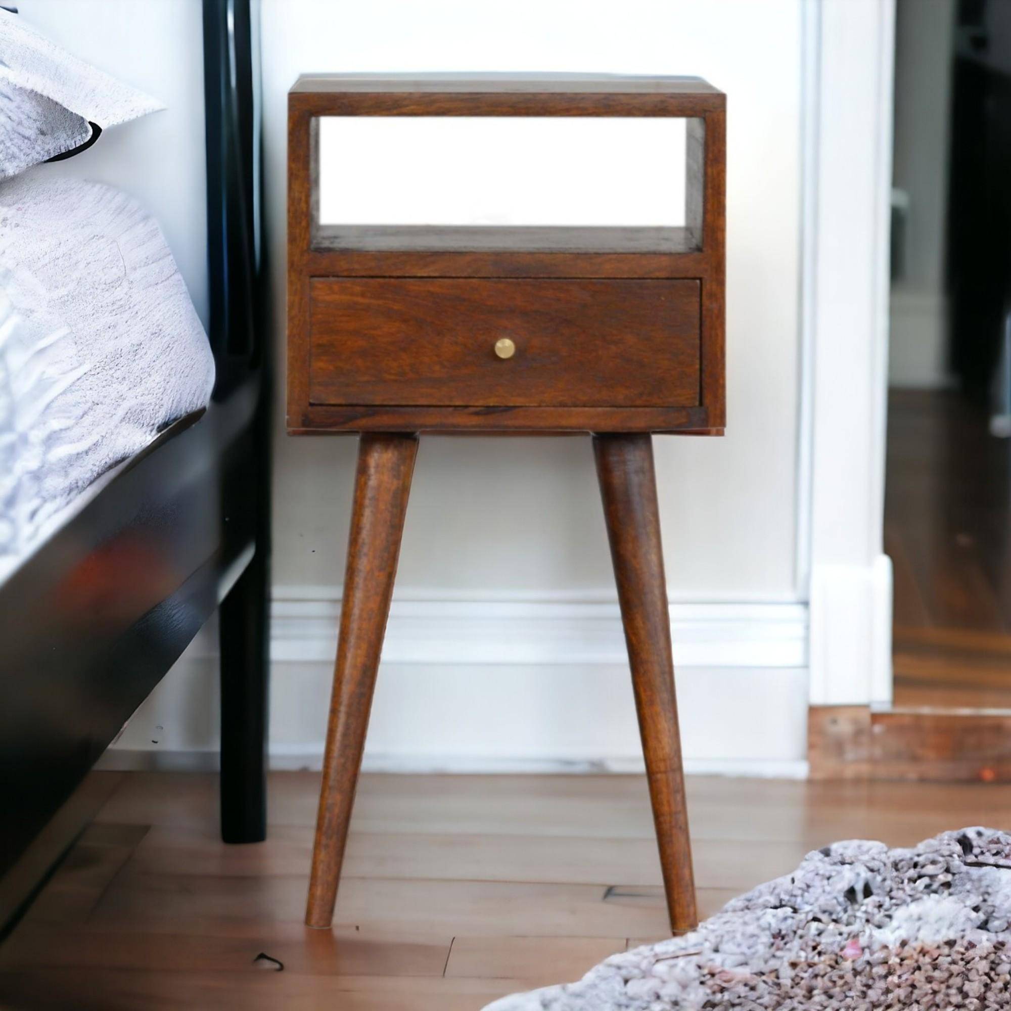 Solid Wood Mini Bedside Table with Smooth-Gliding Drawer and Open Shelf, Handcrafted Desk with Stain Finish, 30L x 30W x 57H cm, Brown Aosom UK