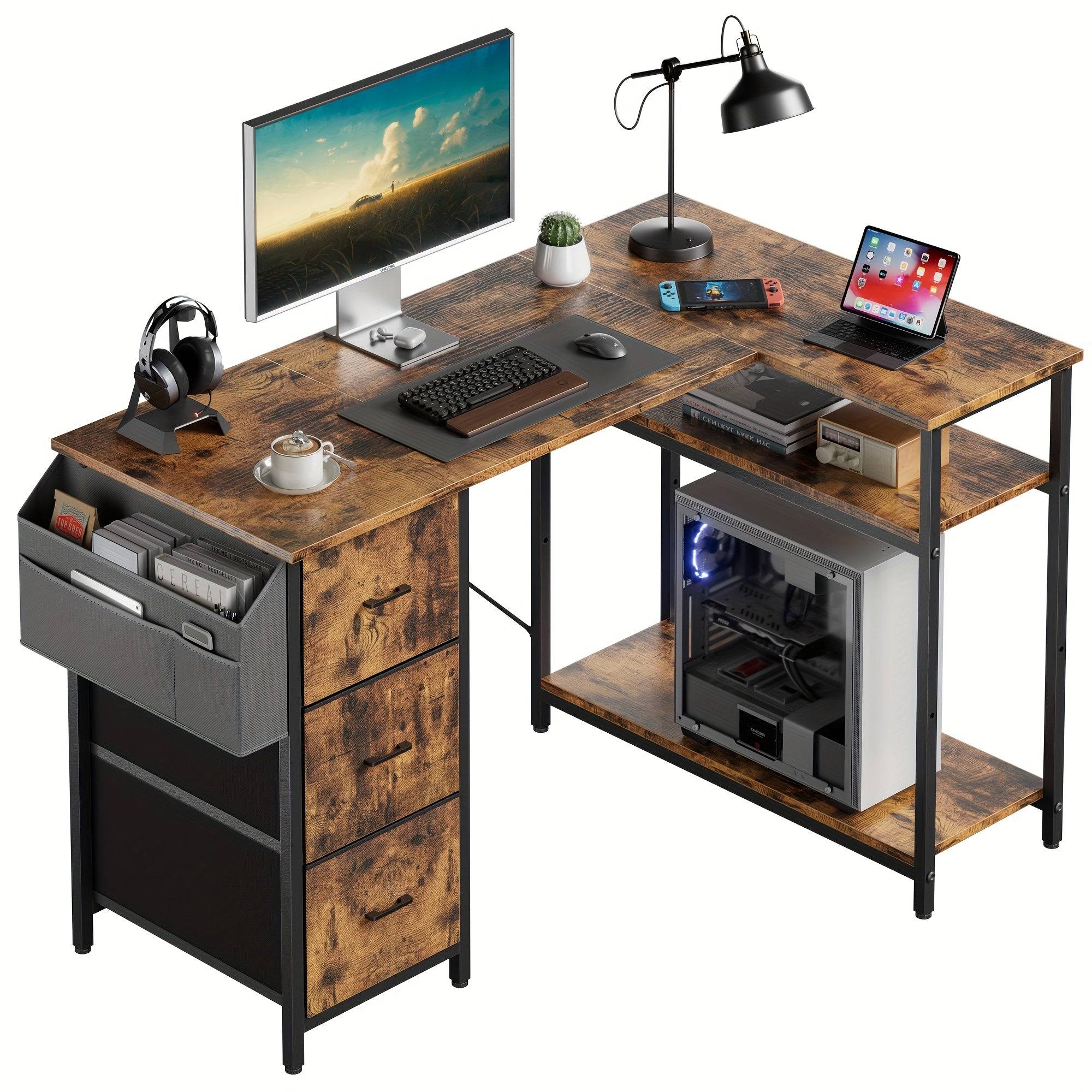 L-Shaped Gaming Desk Measuring 47 by 139.7 cm, Featuring Three Fabric Drawers for Storage. - 120cm / Retro Brown (120cm)