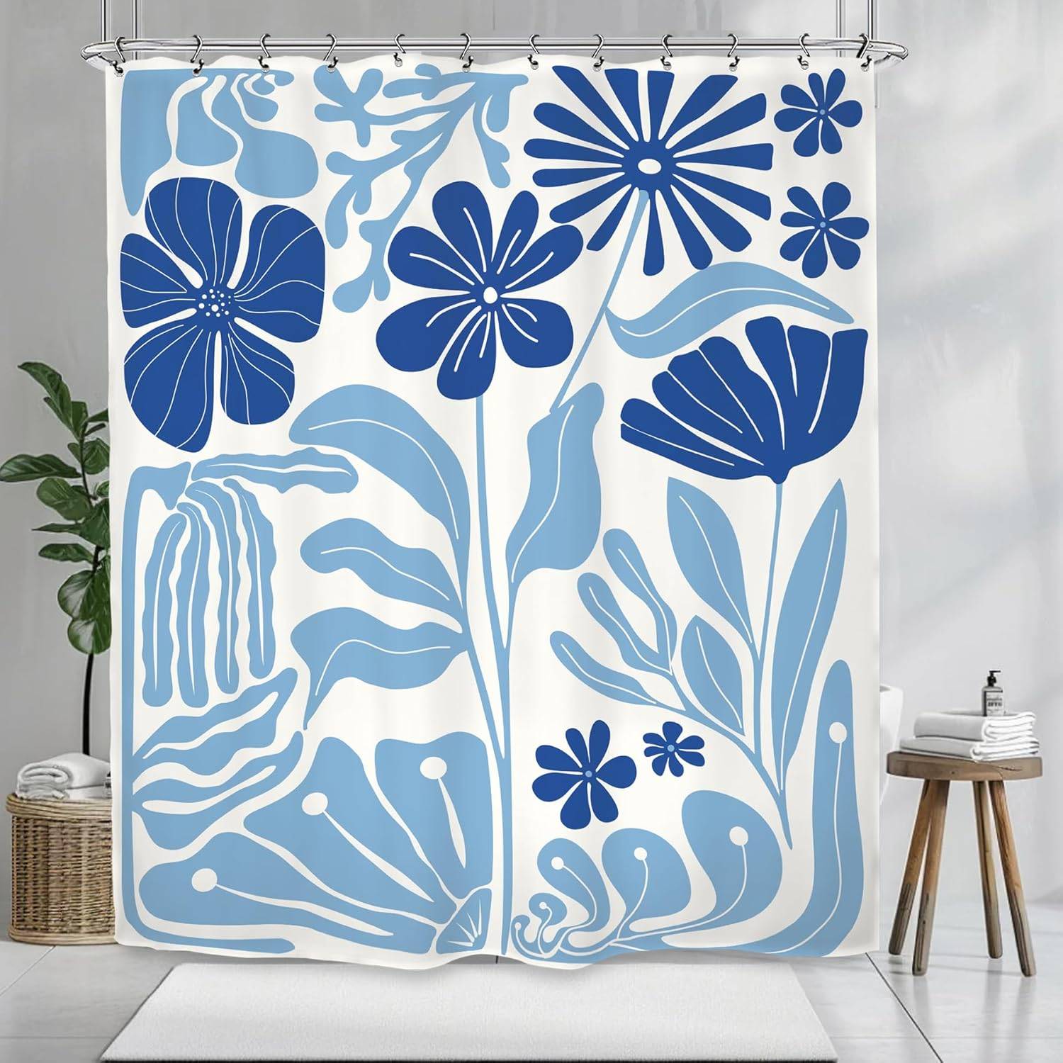 Blått Abstrakt Blommönster Vattentät Duschdraperi 180x180cm - Modern Konsttryck Badrumsinredning för Hemtextilier
