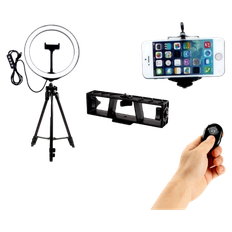 Ring Light med Tripod, Mobilholder & Bluetooth Fjernbetjening - Stort Sæt