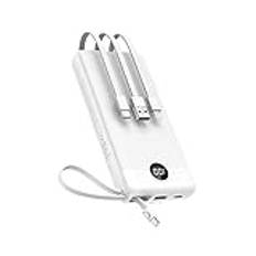 VEEKTOMX Power Bank 20000mAh med Inbyggda kablar, Bärbar laddare USB C 2.4A snabbladdning externt batteri med 5 utgångar 2 ingångar och LED-displa (White)