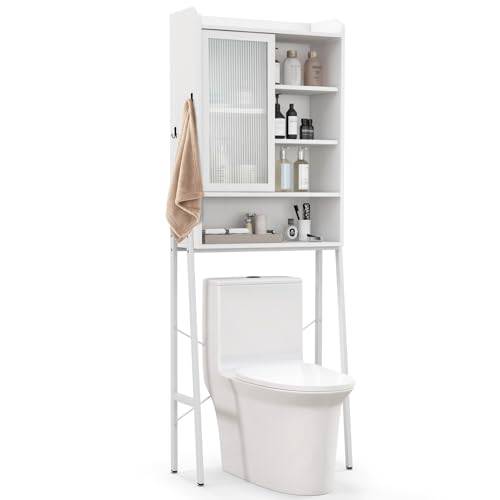 GOPLUS Toalettskåp, badrumsskåp med skjutdörr, justerbara hyllor och krokar, toaletthylla toalettskåp över toaletten med robust metallram, 63 x 29 x 170 cm (vit)