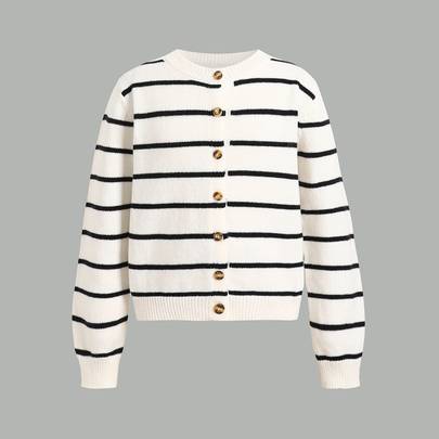 Casual långärmad svartvitrandig cardigan för barn- och tweenflickor, höst-/vinterkläder, randig - Vitt (8Y,9Y,10Y,11Y,12Y)