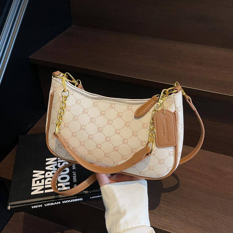 Damväska i Fusk läder, Vintage, Under armen, Retro Tryckt Kedja Axelväska Crossbody Plånbok, Chic Färgblockering Daglig Handväska för Utflykter brun
