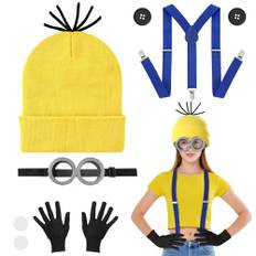 5 st gula kostymer tillbehör vuxna barn, stora ögon steampunk skyddsglasögon gul mössa stickade mössor svarta handskar hängslen knappar set, gula tecknade kostymer för halloween cosplay maskeradfest