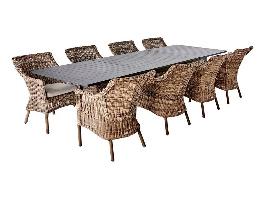 Brafab Lomma & Lenora matgrupp Antracit/natur 8 stole & bord 180-300 x 100 cm