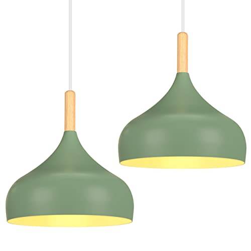 iDEGU hängande lampa Retro 24 cm hänglampa Modern Skandinavisk E27 taklampa av metall och trä pendellampa för sovrum, matsal, kök, vardagsrum (Olivgrön, 2 stycken)