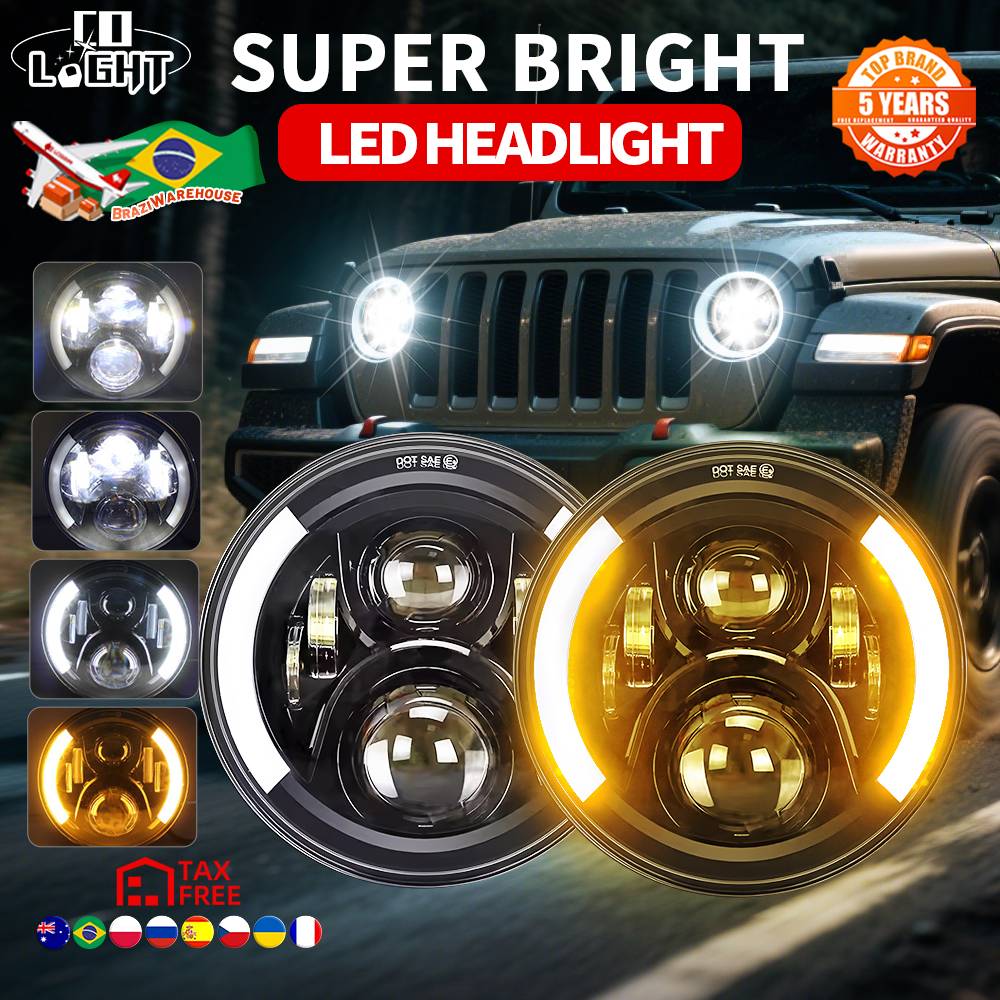 CO LIGHT E9 Car 7" Led Headlight Hi/Low H4 Halo Angle Eyes For Urban Harley BMW Jeep JK 4x4 Suzuki Samurai Wrangler Off Road 12V