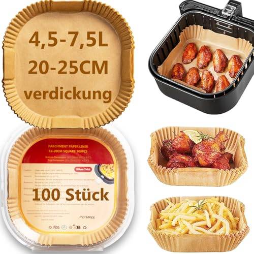 PETHREE Backpapier für Heißluftfritteuse 4,5-7,5L XXL, 100 Stück BPA-frei Verdicktes 20-25cm Airfryer Baking Paper Eckig, Antihaft Wasserdicht Ölfest Luftfritteuse Schalen Zubehör