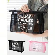 Mesh Nylon With Data Cable Plug Pattern Printed Women&#39;S Portable Makeup Bag With Portable Multipurpose Cosmetic Bag, Women&#39;S Makeup Bag Travel Toilet - Multicolor - Black (1 Piece),Pink (1 Piece)