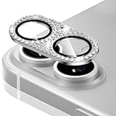 WoPail Glittrande kameraskydd för iPhone 16/16 Plus Bling diamant aluminiumlegering ultra-klart linsskydd 9H härdat glas lins skyddsfolie för iPhone 16/16 Plus – silver