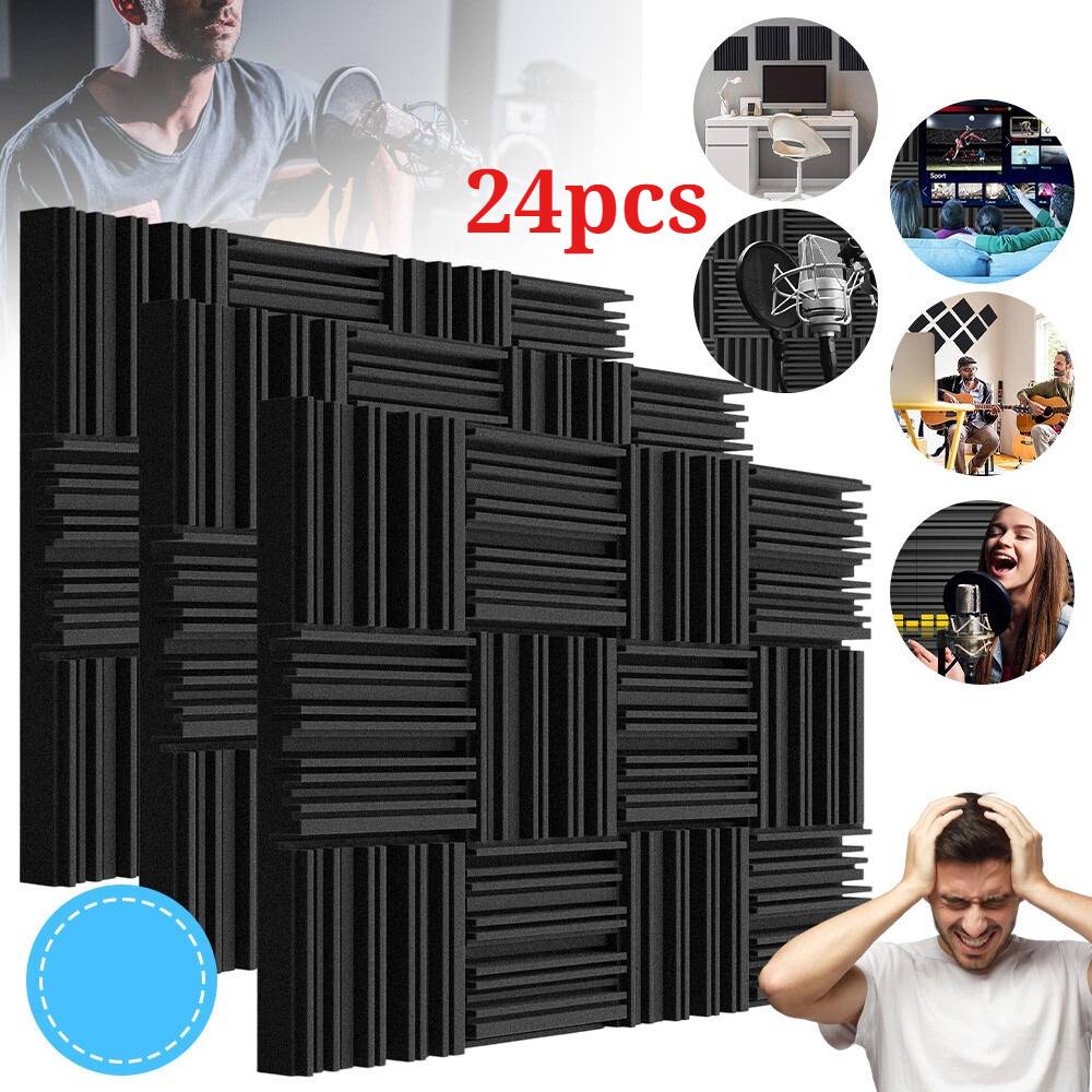 24 Pcs Black Soundproof Absorbing Foam Panels Self Adhesive 30x30 cm, High Density Acoustic Wall Tiles for Studio Room Treatment with Stud Pattern, for Drum Room, Bedroom