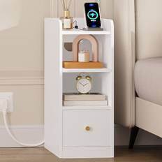 Hzuaneri Sängbord med laddningsstation, USB- och typ C-port, smalt gavelbord med 3 nivåer förvaringsutrymme och 1 låda, nattduksbord för sovrum, vardagsrum, hemmakontor (Vit, 1er Set)