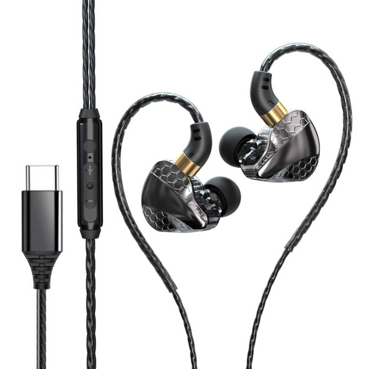 Trådbundna USB-C In-Ear Hörlurar HiFi Bass med DAC Svart