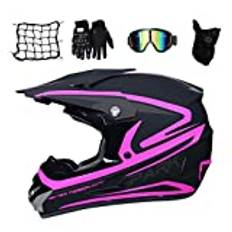 MRDEAR Motorcykelhjälm damer, motocross hjälm barn crosshjälm med glasögon handskar mask motorcykel nät full face MTB hjälm mopedhjälm set för ATV Downhill Enduro säkerhetsskydd, svart och rosa, M