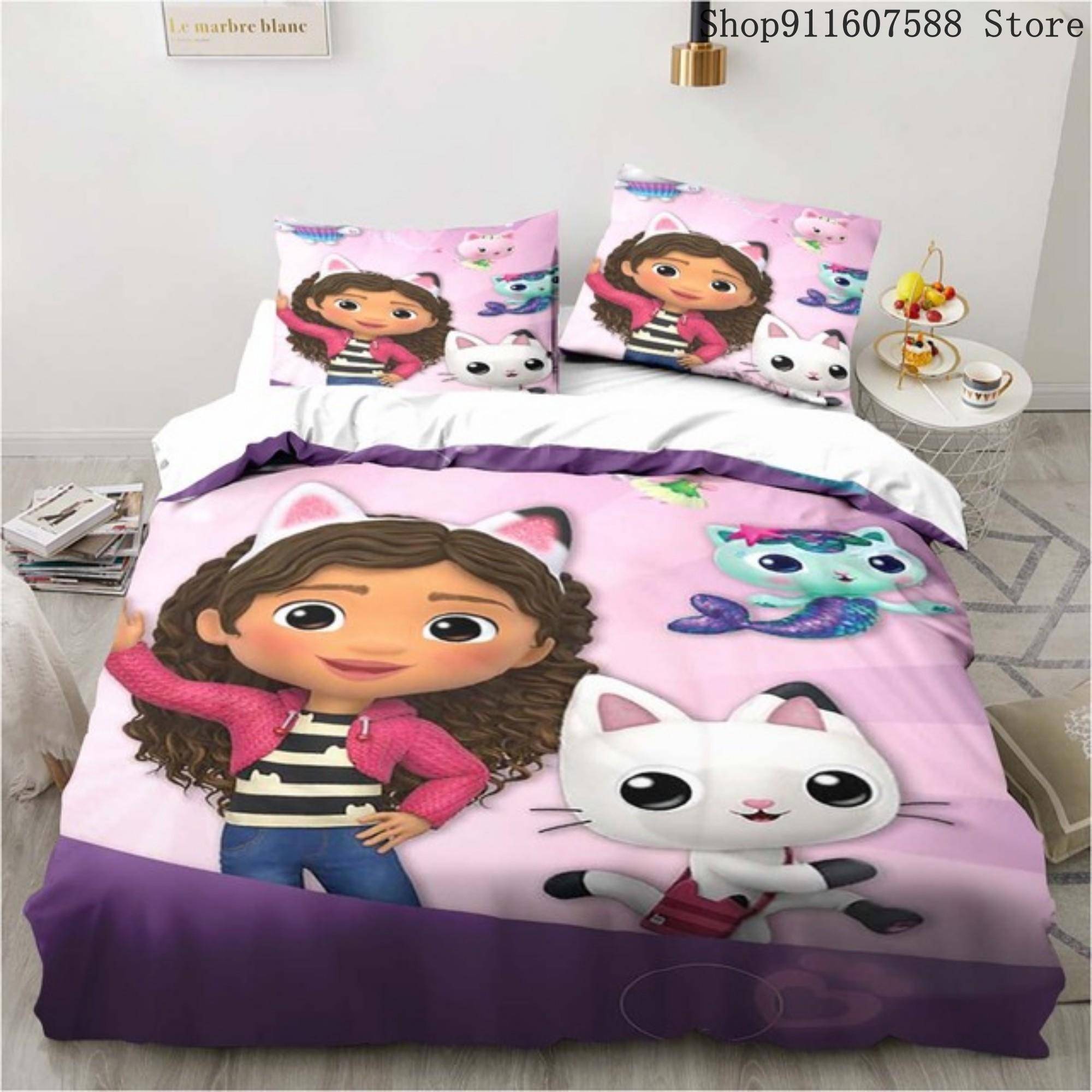Gabbys dockhus Sängklädesset Kawaii Sänglinneset Enkel Dubbel Storlek Heminredning För Flickor Barn Tecknad Söt Katt Påslakanset EU Single135x200cm