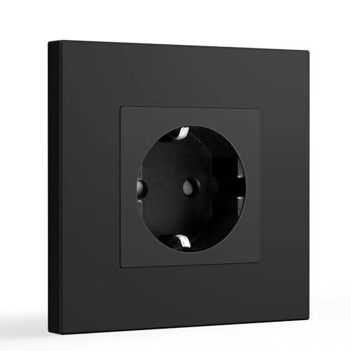 BSEED Schuko-uttag 1 fack inbyggt, vägguttag med PC-platta, infällt uttag 16 ampere EU-standardförlängning, barnsäkring, svart – 86 mm