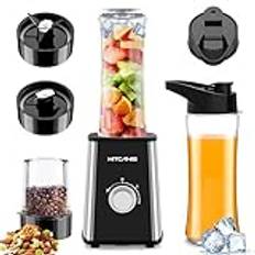 KITCANIS 3-i-1 mini smoothie maker, 600 W mixer, elektrisk mixer, 3 justerbara hastigheter, 2 x 600 ml bärbar flaska och 300 ml malbägare för glass, frukt, grönsaker, nötter