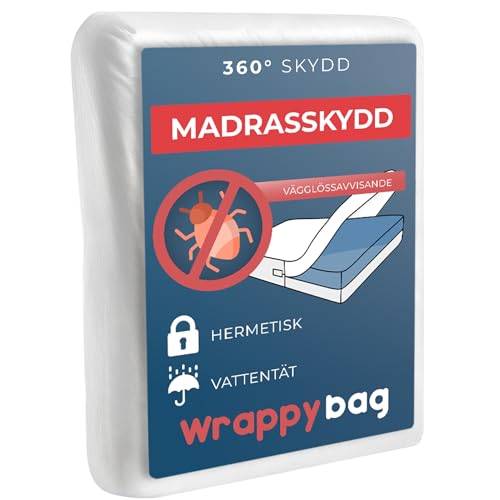 WRAPPYBAG Vattentät Madrassöverdrag Anti-Bett Bug & Damm Mite Protector – Kemikaliefritt Madrassöverdrag – Passar 180x200 cm – Finns i 15 Storlekar och Höjder