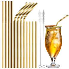 ecooe 12st metallsugrör Återanvändbara sugrör rostfritt stål gyllene tunna sugrör Set Party sugrör BPA-fria med 2 rengöringsborstar Tål att diskas i diskmaskin, för cocktail, smoothie