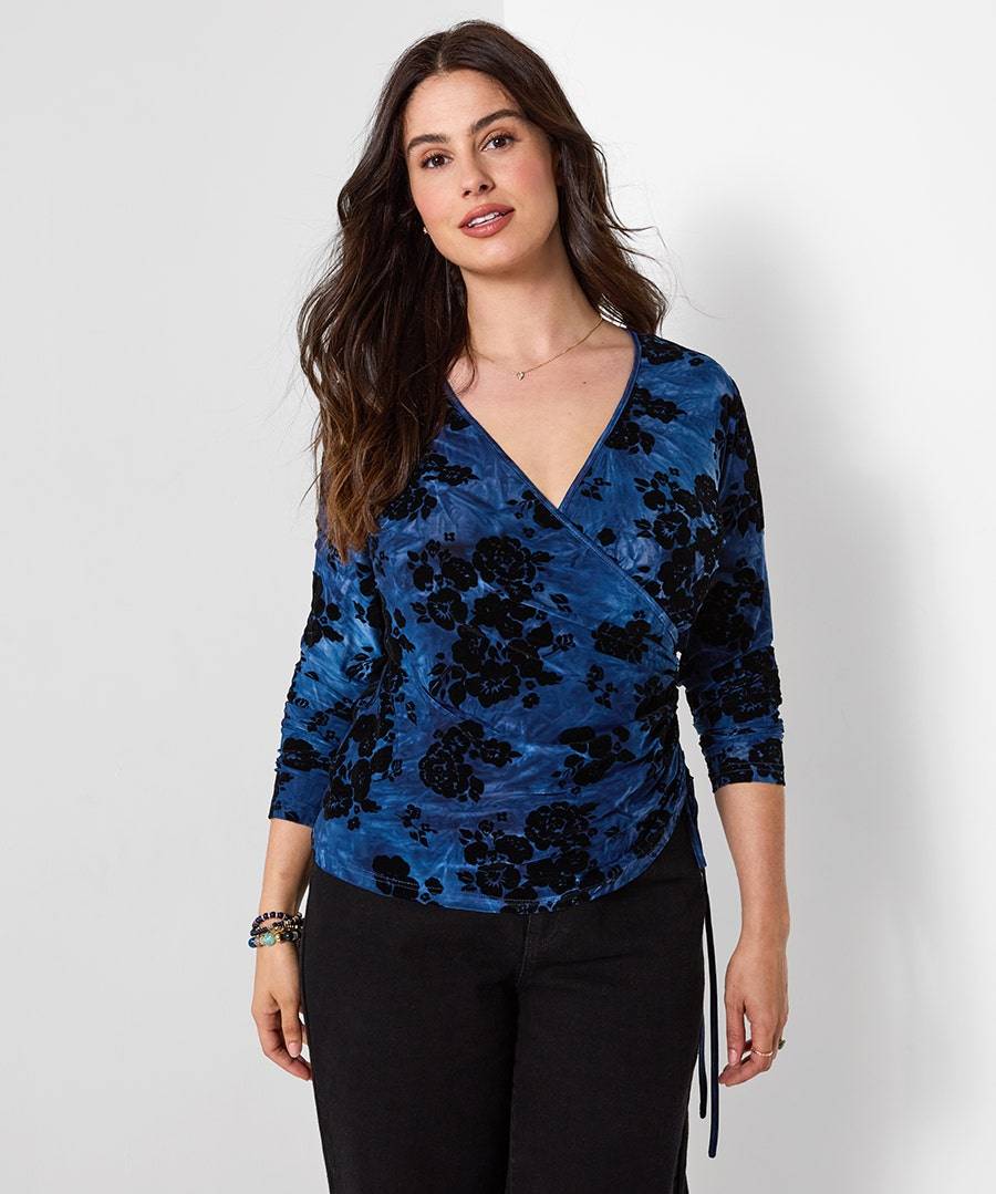 Washed Effect Flocked Jersey Wrap Top - Size 24 - Blue - by Joe Browns