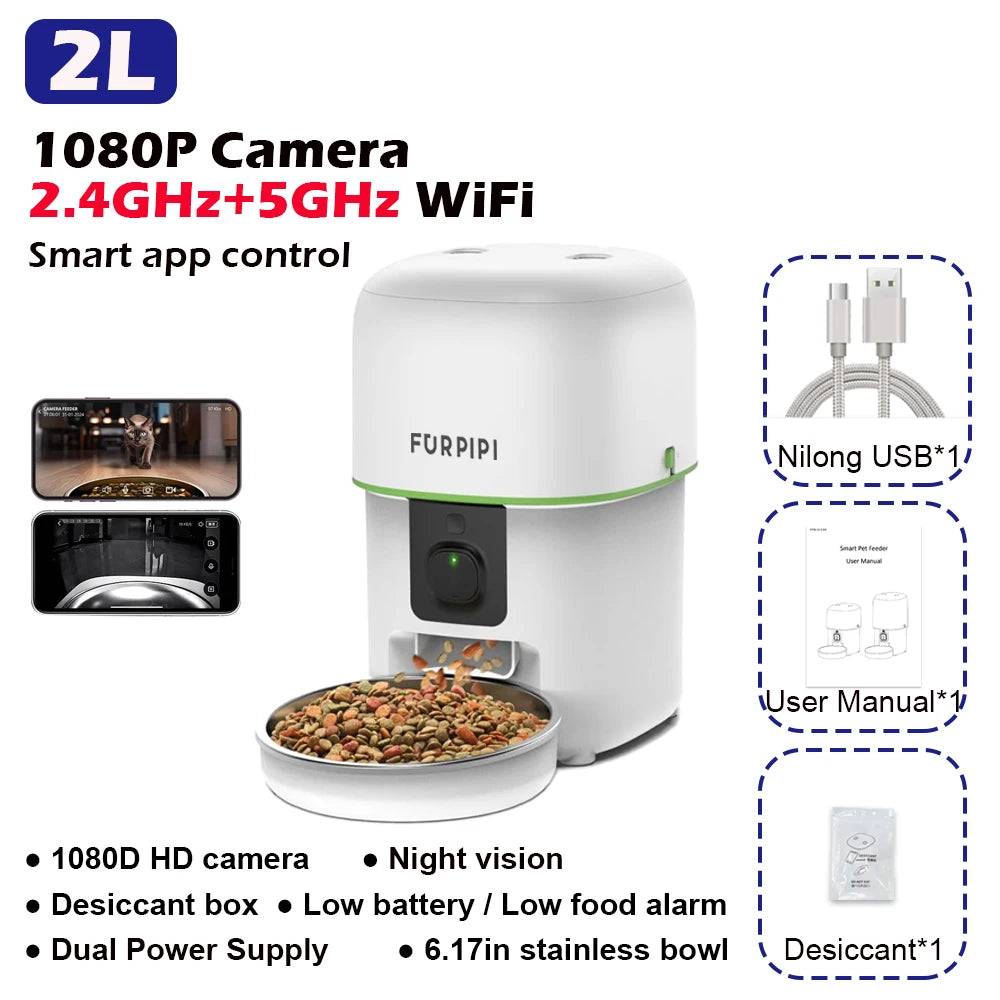 Smart Camera Pet Feeder with 1080P HD & 5G WiFi - White No plug / 1080P HD 5GWiFi / 4L 1.06gal (1080P HD 5GWiFi)