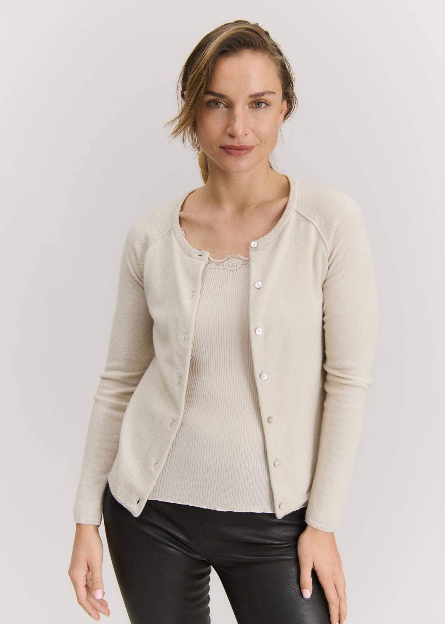 RWLaica Cashmere langærmet Raglan Cardigan med rund hals og knapper - XXL / heather sky