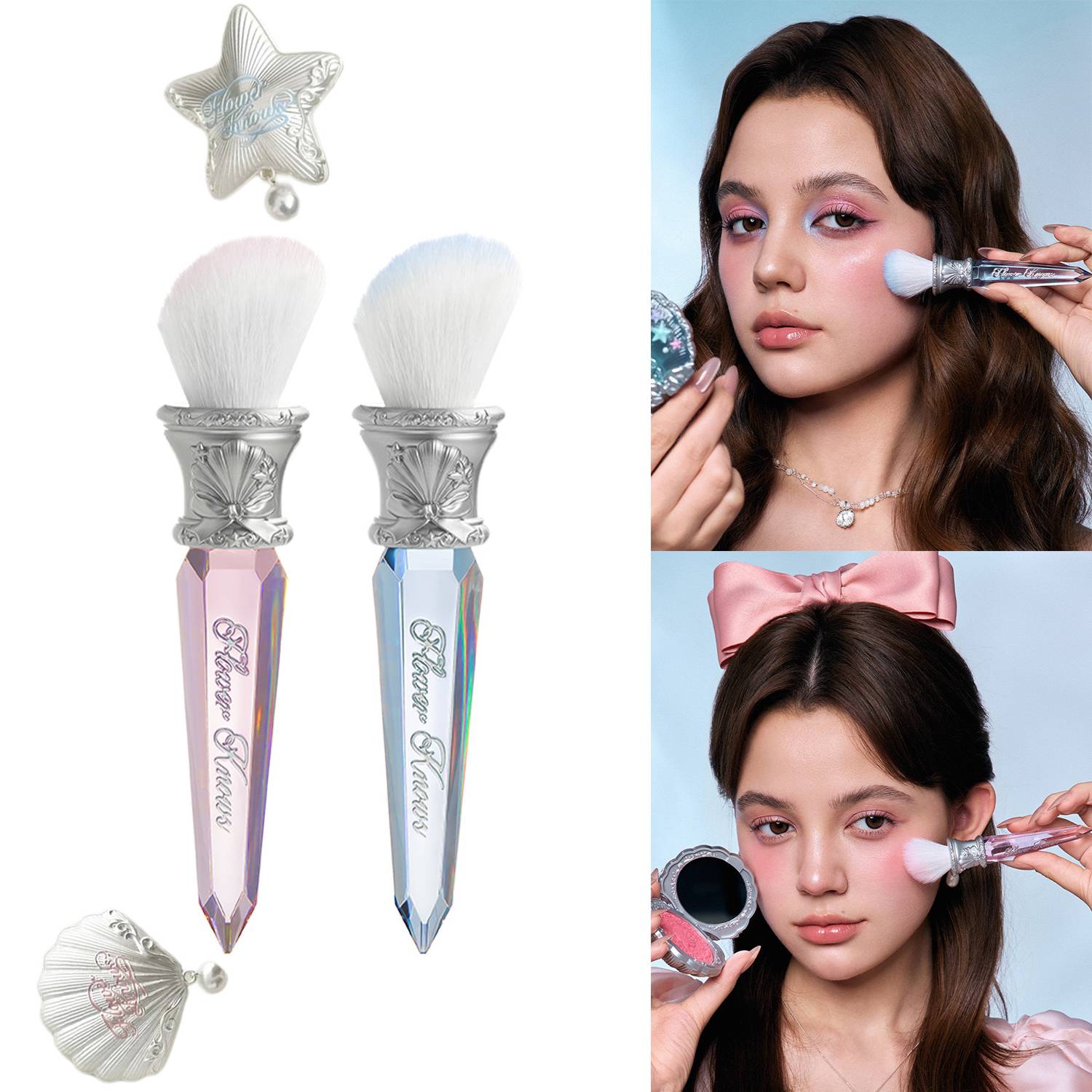 Flower Knows Shell's Jewel Angled Blush Brush Crystal Handle Contour Highlight Brush Vegan Cruelty-Free Makeup Brush