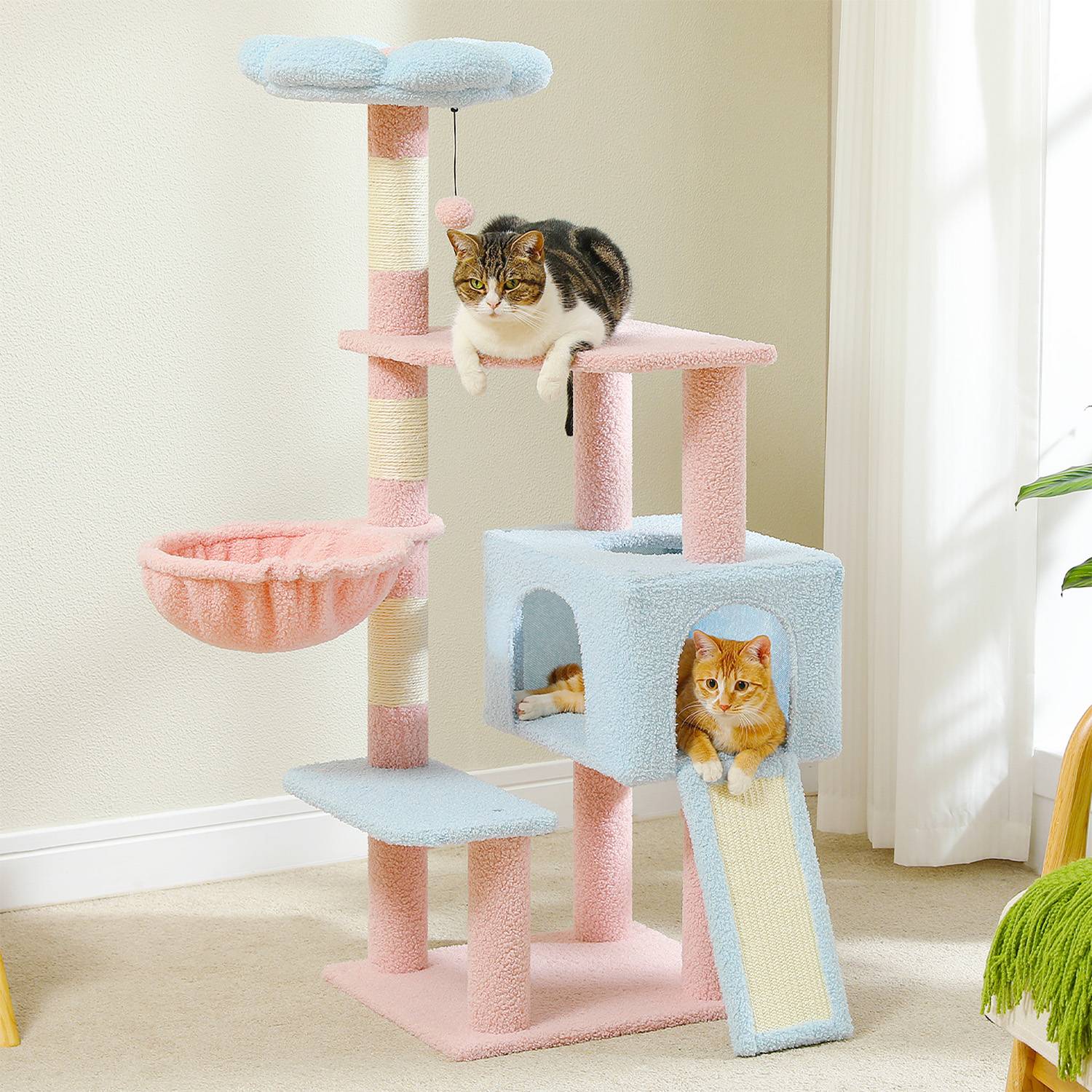 Flower Cat Tree with Sisal Scratching Posts and Scratching Ramp Cozy Condo Top Perch Multi-Level Cat Tower for Indoor Cat Toys