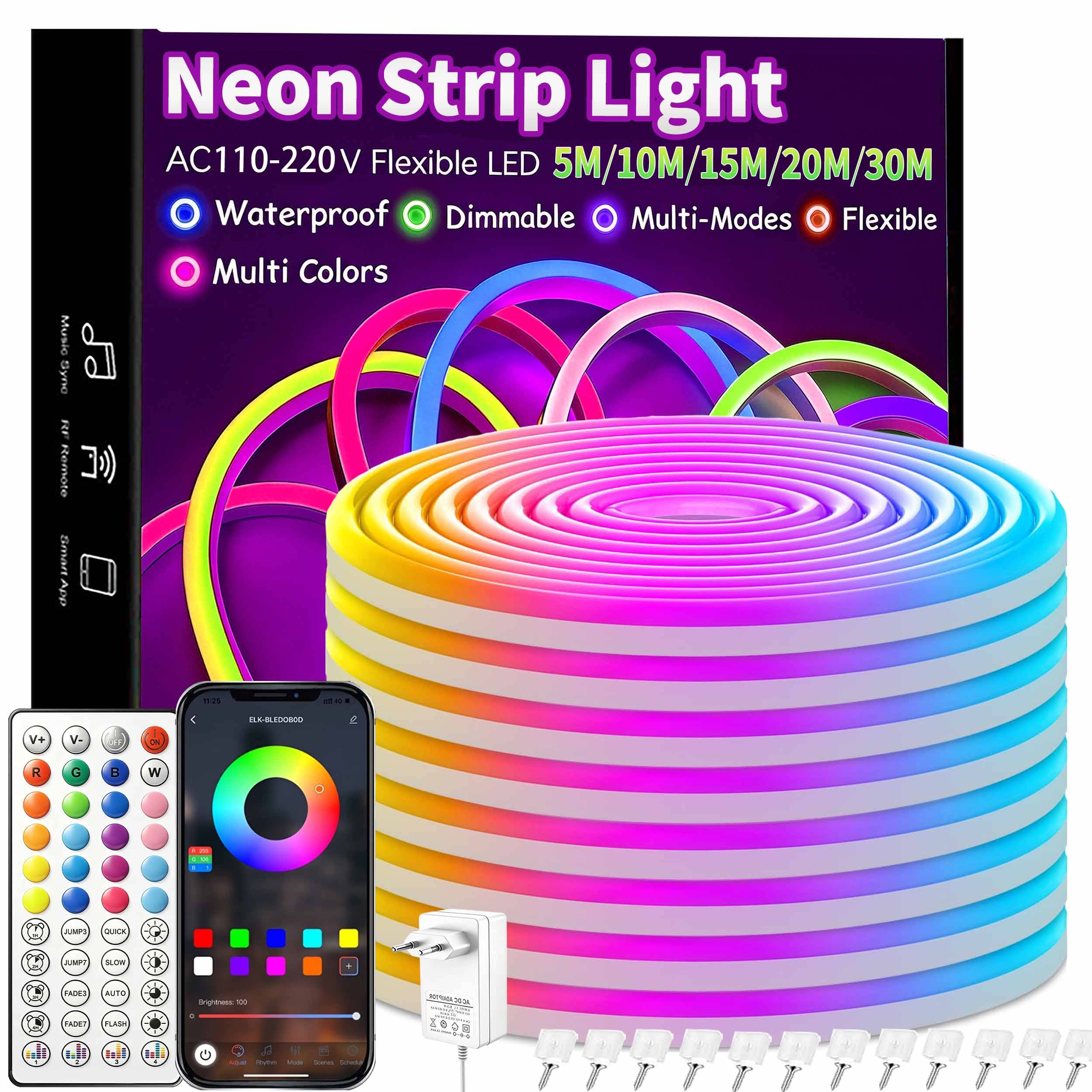LED Neon Strip Light Bluetooth App Control 44-key Music Sync 24V 10m/15m/20m Optional Waterproof Flexible Silicone RGB Light Strip