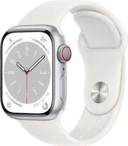 Apple Watch Series 8 Aluminium 41 mm (2022) | GPS + Cellular | Sølv | Sportsrem Hvid M/L