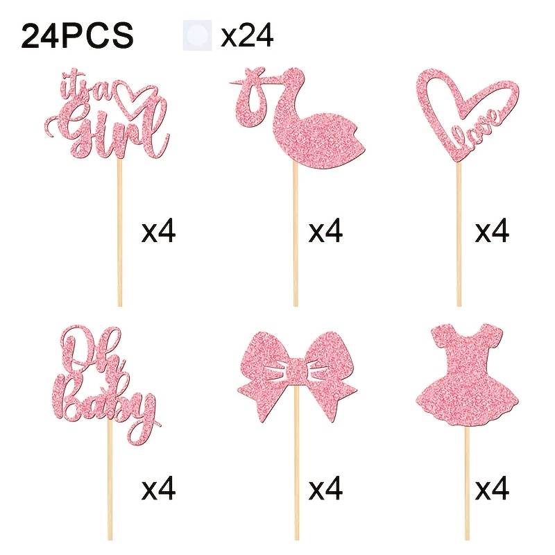 24pcs Princess Theme Cupcake Toppers, Oh Party Cake Decorating Supplies, Glitter Oh , A Girl, Love Script, Bow, Dress Pink Cake Picks Decorations, For Bath Birthday Party Supplies,halloween, Christmas
