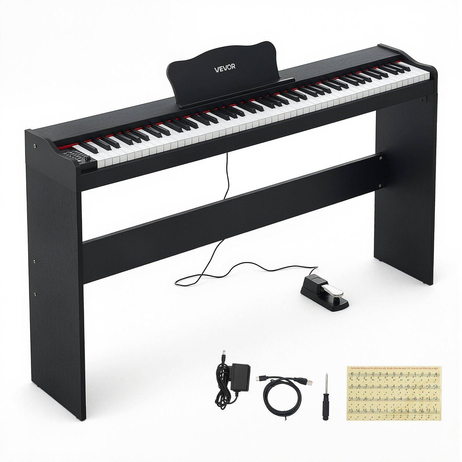 VEVOR Digitalpiano 88 Tangenter Halvvägt Tangentbord med Ställ Högtalare Svart, för Nybörjare, 600 Ljud, 600 Rytmer, Fullstorlek Elektriskt Piano
