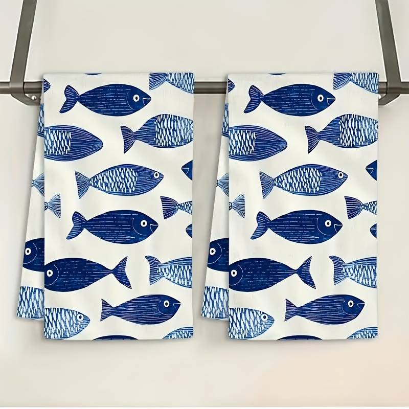 2pcs Set Of Blue Little Fish Kitchen Towels Dishcloths Dish Towels, Strong Absorbency, Kitchen Decor Towel, Neighbor Gift, Sweet Housewarming Gift For , Mom Gift, Birthday Gift