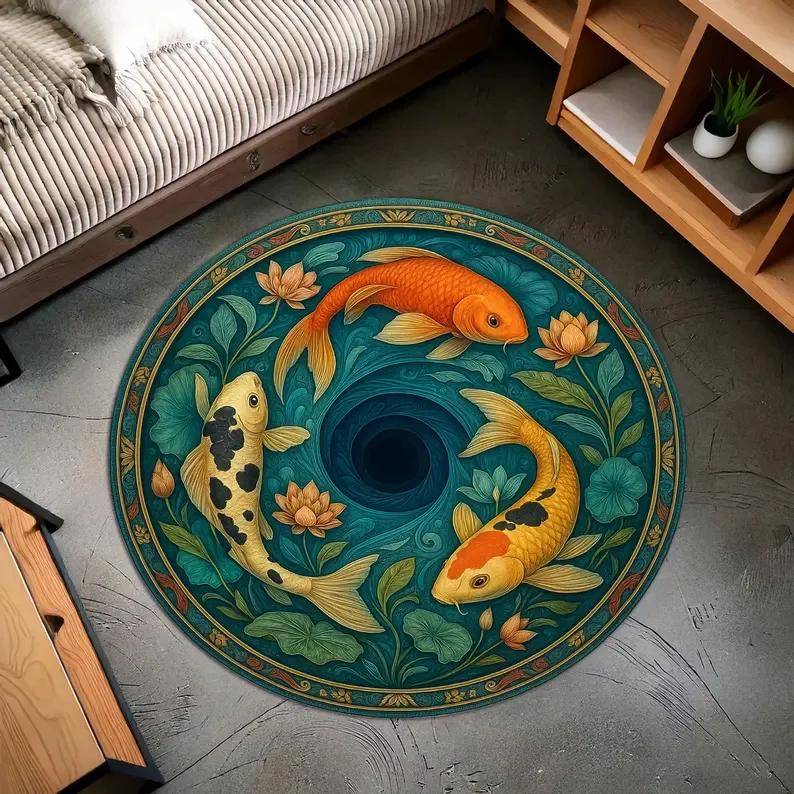 Koi Fish Round Rug Japanese Style Flannel Area Carpet with Water Waves Koi Fish Japanese Rug Mat Koi Fish Home Decor Fish Gift 40x40cm