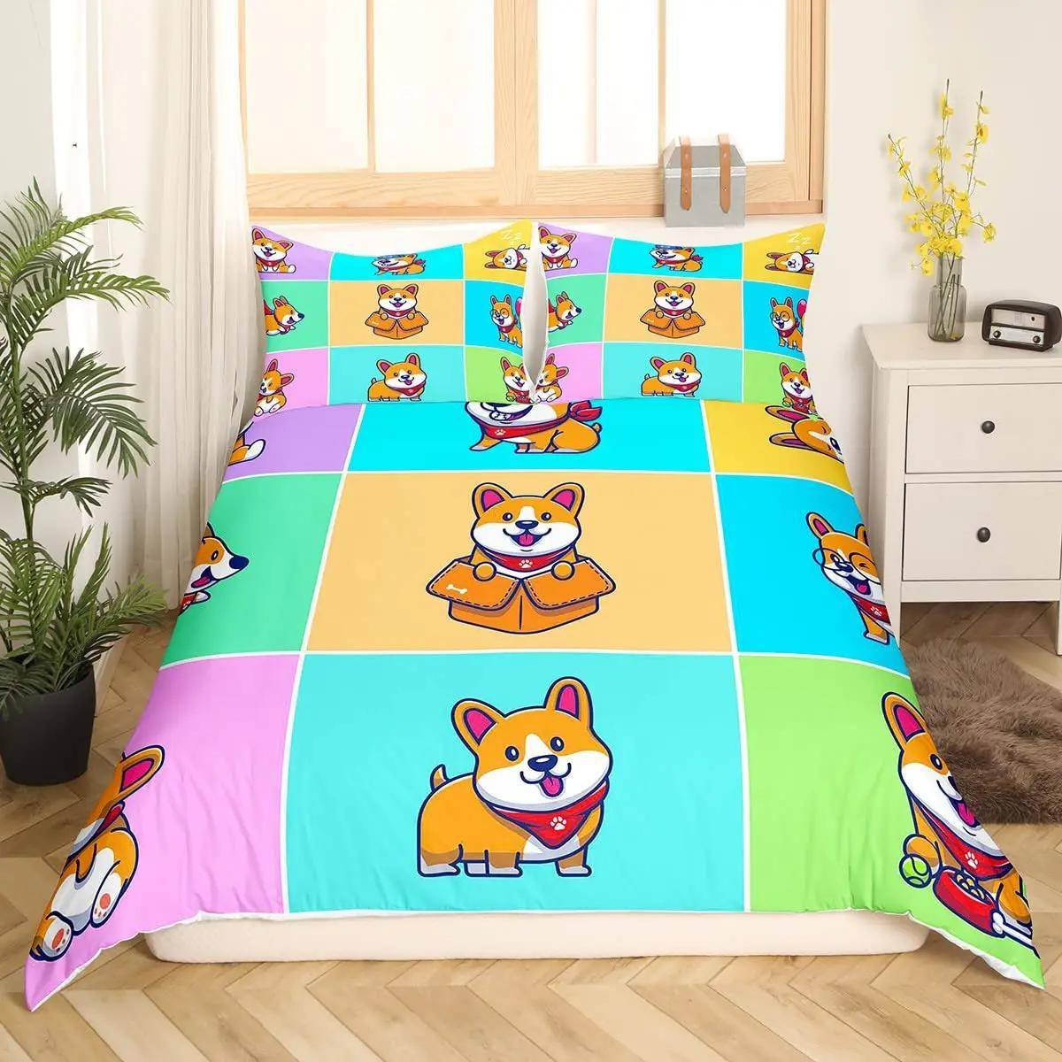 Barn Sött Hund Sängklädesset Sängkläder Tecknade Hundar Täcke Örngott för Pojkar Flickor Barn Husdjur Valp Djur Polyester Påslakan 70x133cm 2pcs