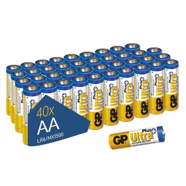 GP Alkaliska AA- batteri 40-pack| GP Ultra Plus|15A/LR6 1.5V batteri | Lång livslängd, högre effektivitet och daglig användning