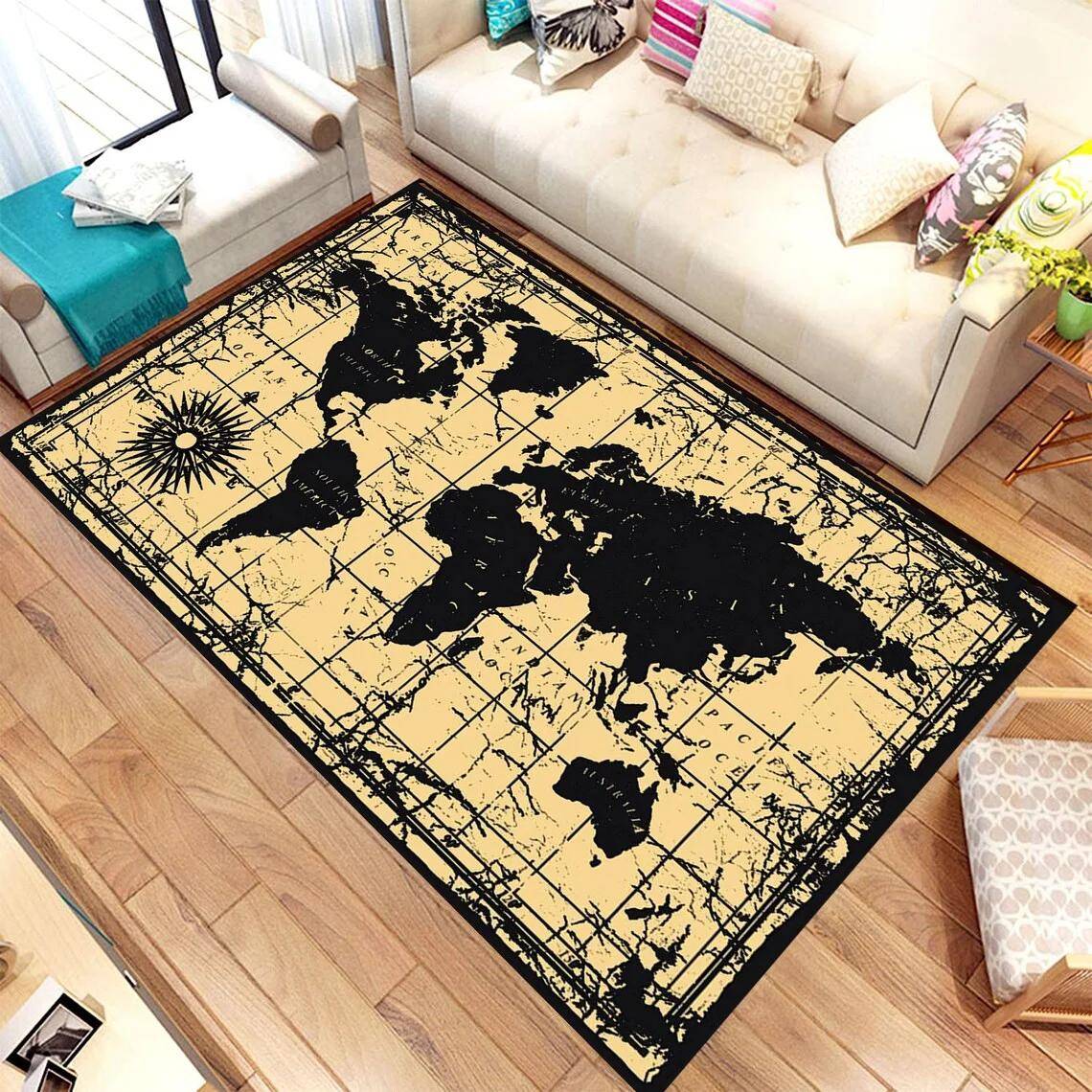 Vintage World Map Area Rugs Anti-Slip Rug Machine Washable Flannel Carpets for Home Living Room Bedroom Bathroom Decor Floor Mat