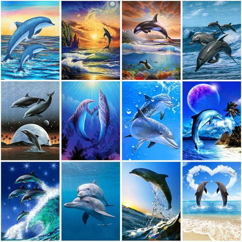 Gör-det-själv 5D Diamantmålning Delfin Full Fyrkantig Borr Djur Diamantbroderi Bilder av Strass Mosaik Heminredning Konstpresent