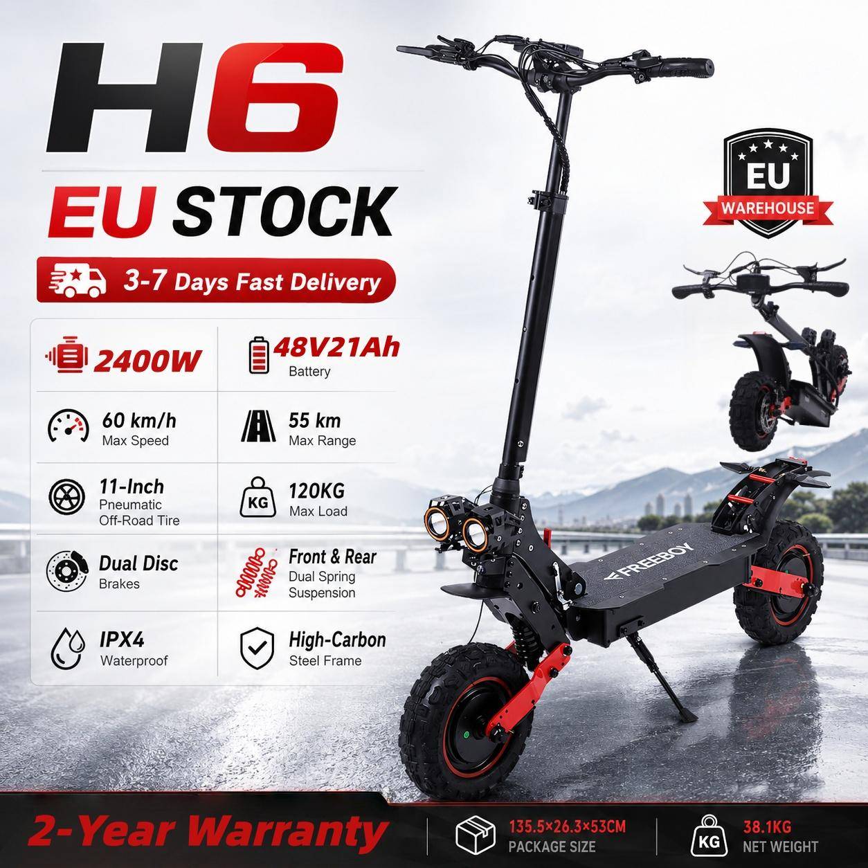FREEBOY H6 Hopfällbar Elsparkcykel 1200W*2 48V21AH 60km/h 55km Räckvidd 120kg Maxlast för Vuxna