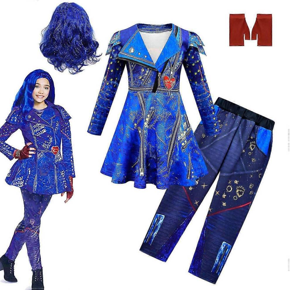 (120, 4 piece set A) Descendants 3 Evie Cosplay Costumes Halloween Carnival Party Dress Pants Wig Set zI