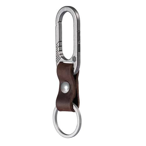 KeyUnity Ti-6Al-4V titan nyckelring karbinhake med läder nyckelring, sandblästrad, Km02