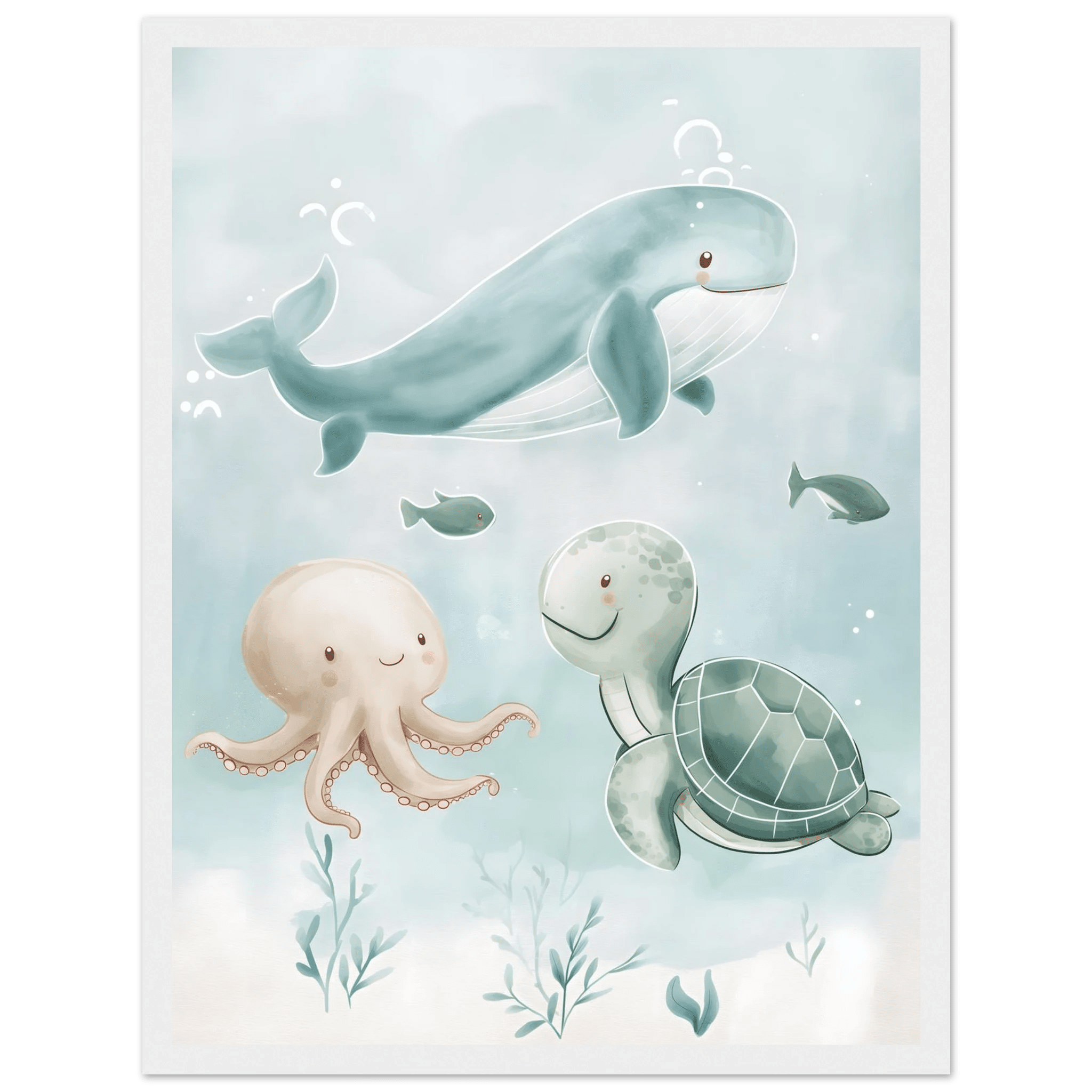 Söta havsdjur poster-30x40 cm / 12x16″ / Med ram / Vit
